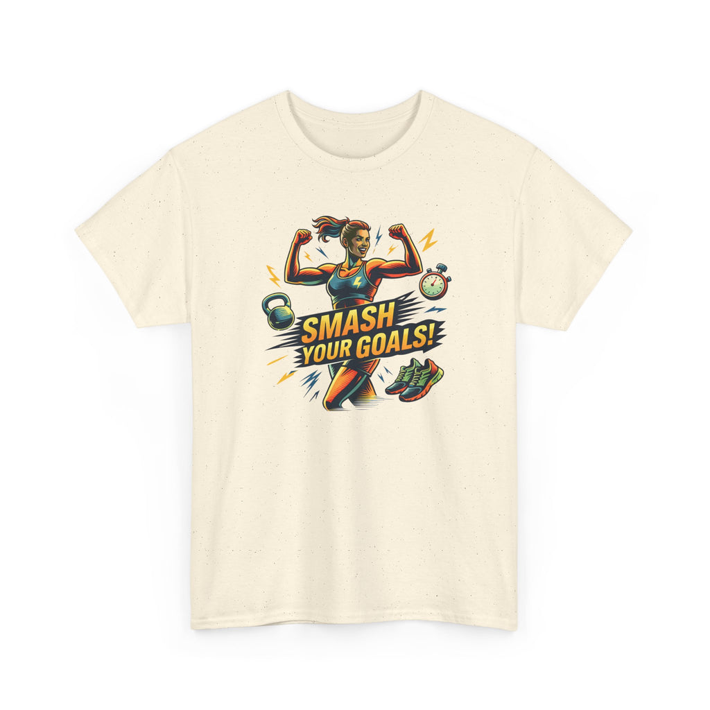 Beige t-shirt with fitness-themed graphic and 'Smash Your Goals!' text on a white background