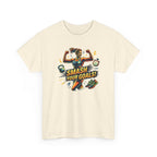 Beige t-shirt with fitness-themed graphic and 'Smash Your Goals!' text on a white background