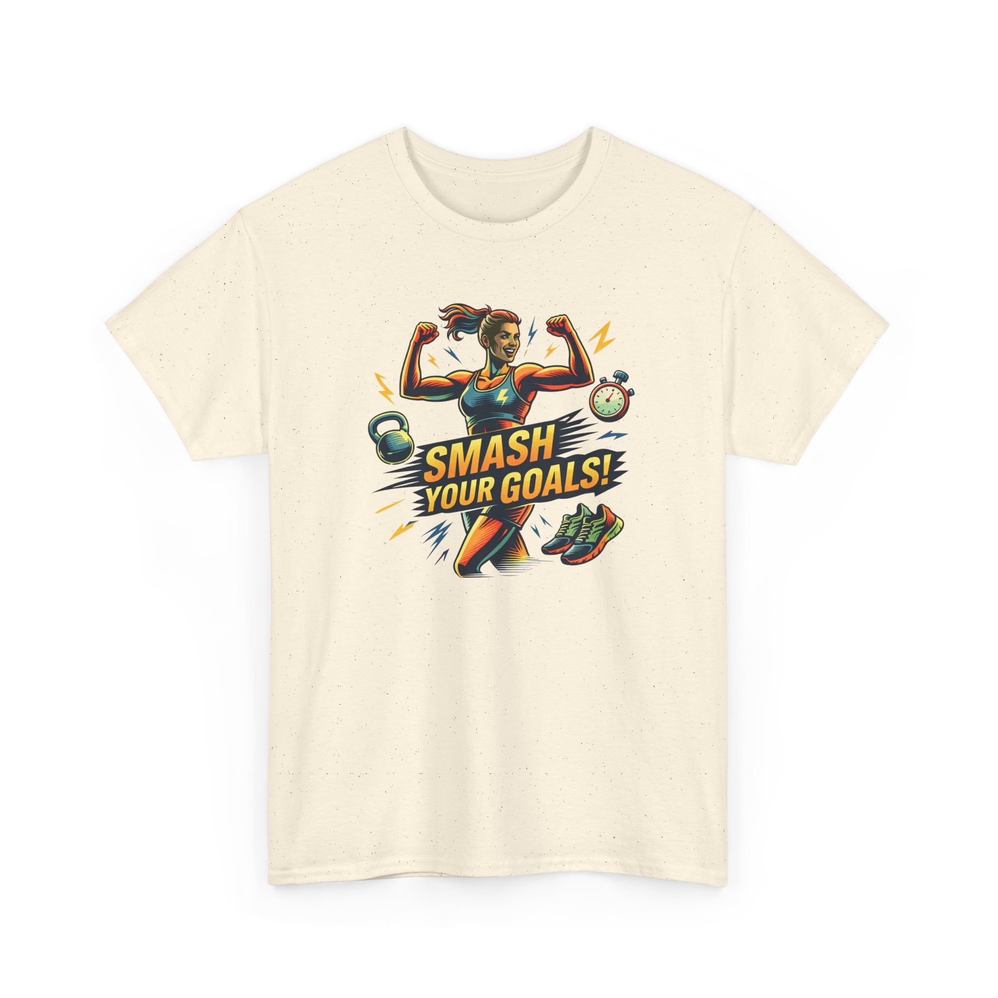 Beige t-shirt with fitness-themed graphic and 'Smash Your Goals!' text on a white background