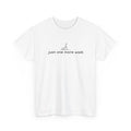 White t-shirt with 'just one more walk' text and graphic on a white background