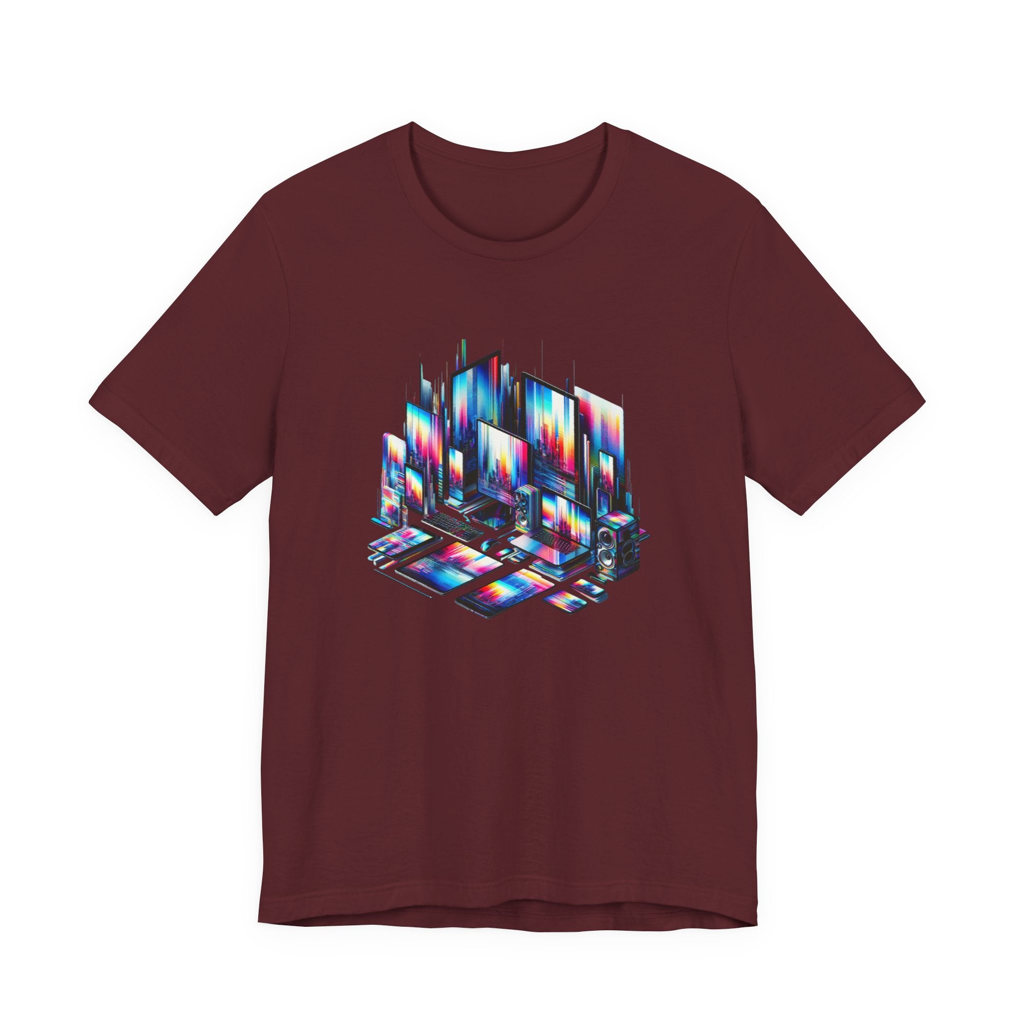 Retro Glitch City T-Shirt — Neon Vaporwave Pixel Tech Devices Tee