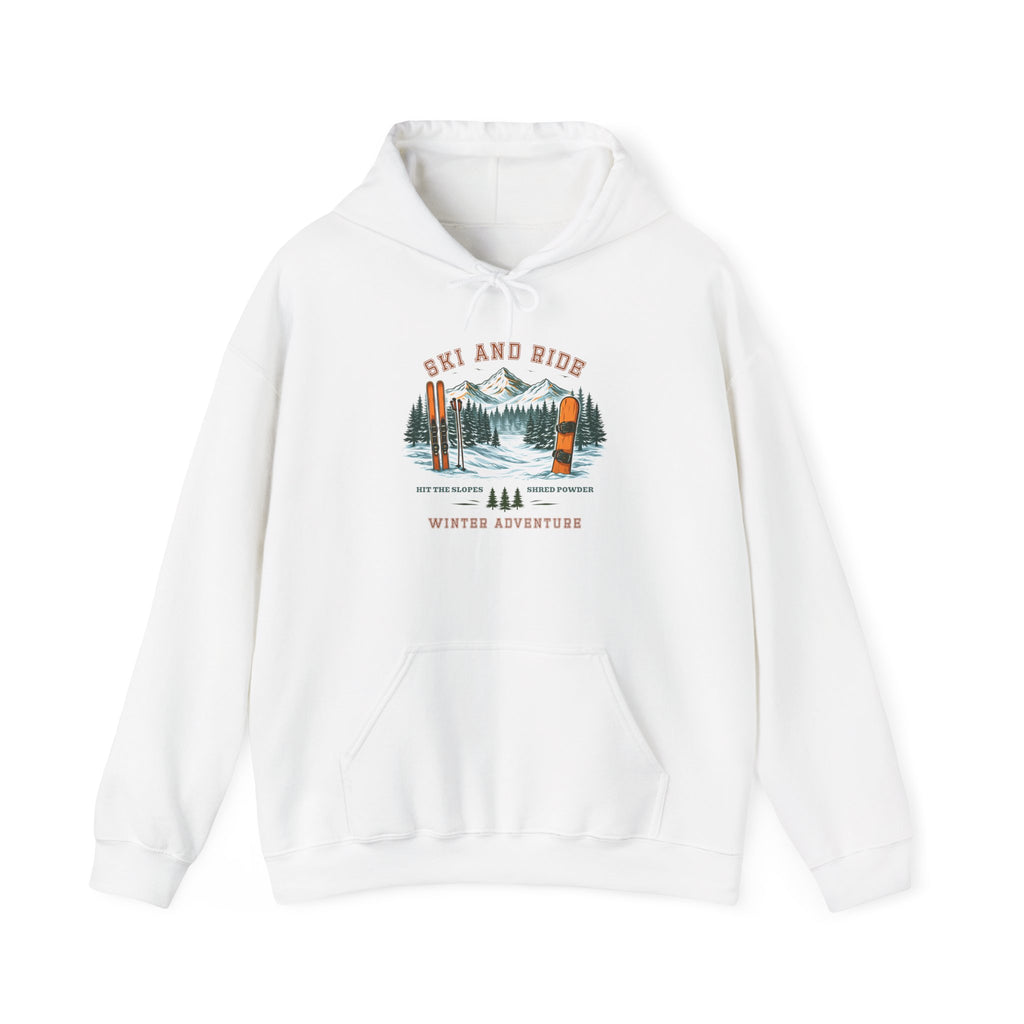 An outdoor snowy scenic graphic with a snowboard and skis, with pine trees and mountains in the distance, with the text 'ski and ride, winter adventure, perfect for outdoor adventure seekers.