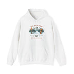 An outdoor snowy scenic graphic with a snowboard and skis, with pine trees and mountains in the distance, with the text 'ski and ride, winter adventure, perfect for outdoor adventure seekers.