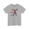 Gray t-shirt with a graphic of a person lifting weights and motivational text on a white background