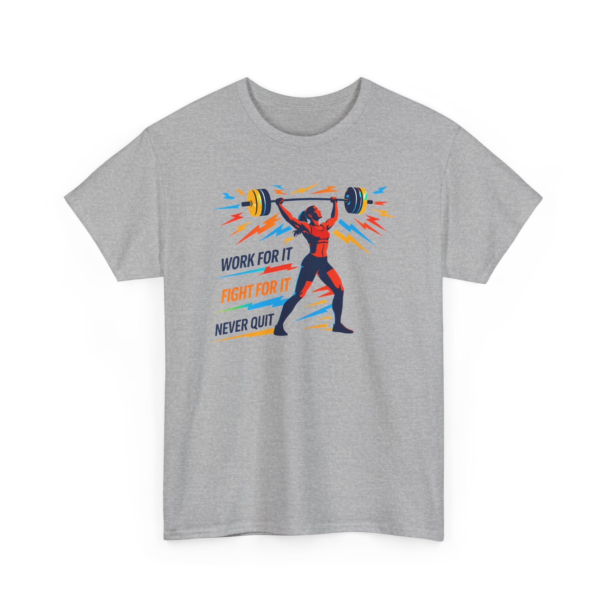 Gray t-shirt with a graphic of a person lifting weights and motivational text on a white background