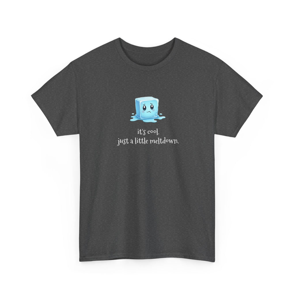 a melting ice cube cartoon character with the text 'it's cool. just a little meltdown.'