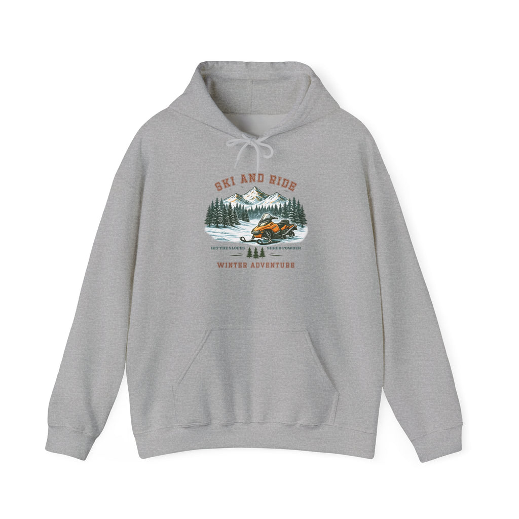 Snowmobile Ski and Ride Hoodie — Vintage Mountain Winter Adventure Pullover