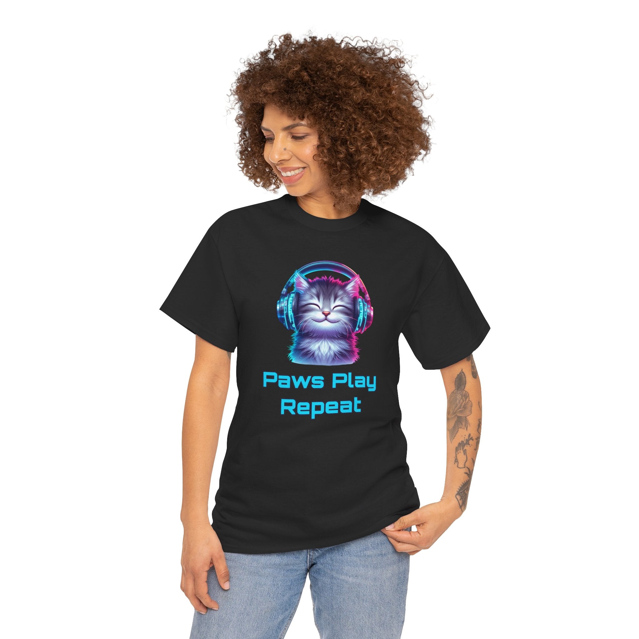 Cat Headphones T-Shirt - "Paws Play Repeat" Cute Music Cat Tee