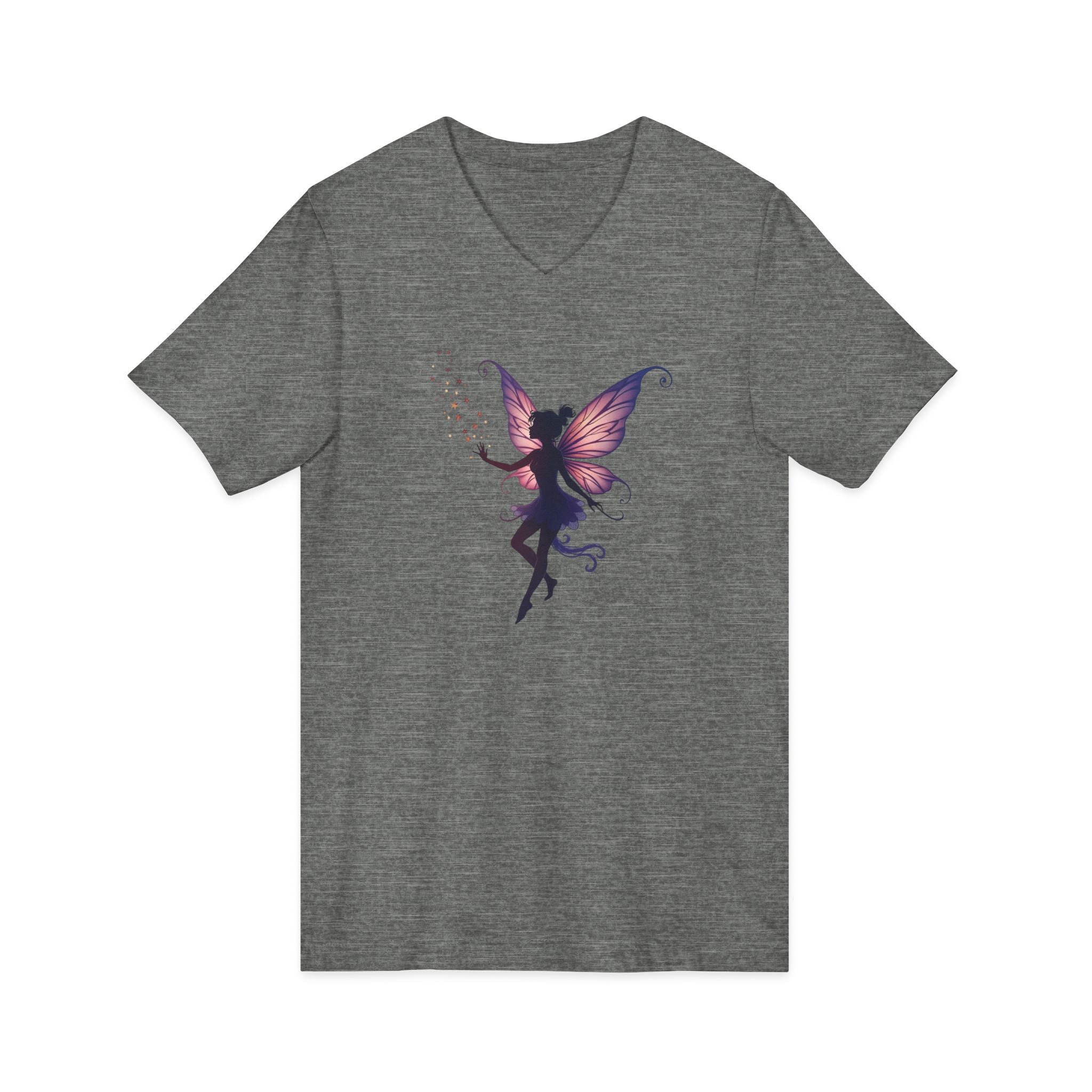 Fairy Silhouette V-Neck Tee — Purple Butterfly Fairy Graphic Shirt