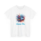 Vibrant gaming illustration of multiple video game controllers exploding with colorful energy and abstract shapes, featuring the text ‘Game On,’ representing esports, gaming culture, and excitement.