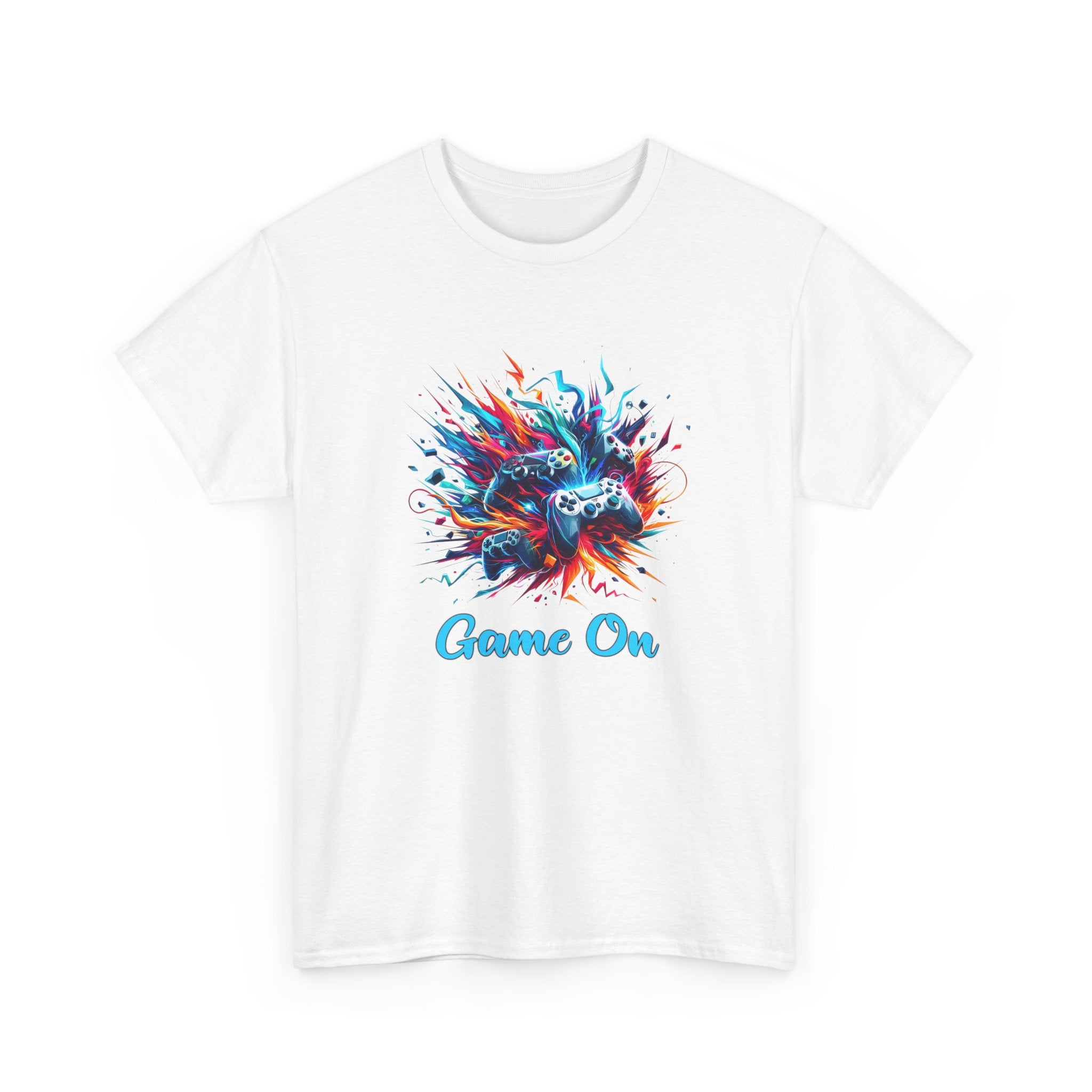 Vibrant gaming illustration of multiple video game controllers exploding with colorful energy and abstract shapes, featuring the text ‘Game On,’ representing esports, gaming culture, and excitement.