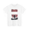 White t-shirt with a graphic of a hiker and trees on a white background