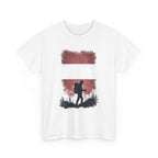 White t-shirt with a graphic of a hiker and trees on a white background