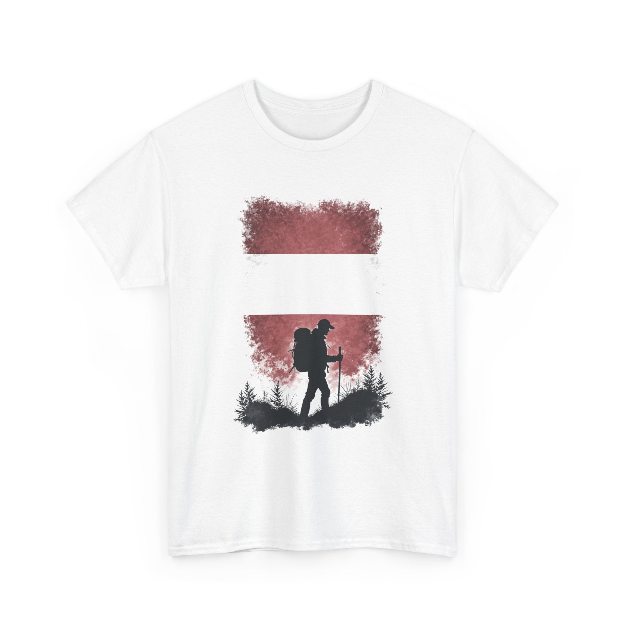 White t-shirt with a graphic of a hiker and trees on a white background