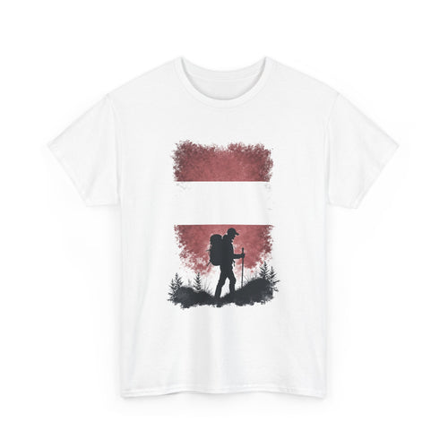 White t-shirt with a graphic of a hiker and trees on a white background
