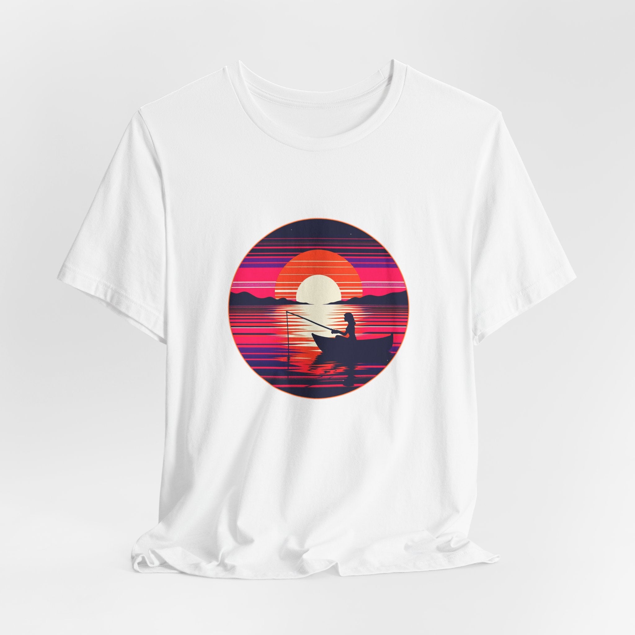 Sunset Fishing T‑Shirt — Retro Ocean Silhouette Tee Woman Fishing
