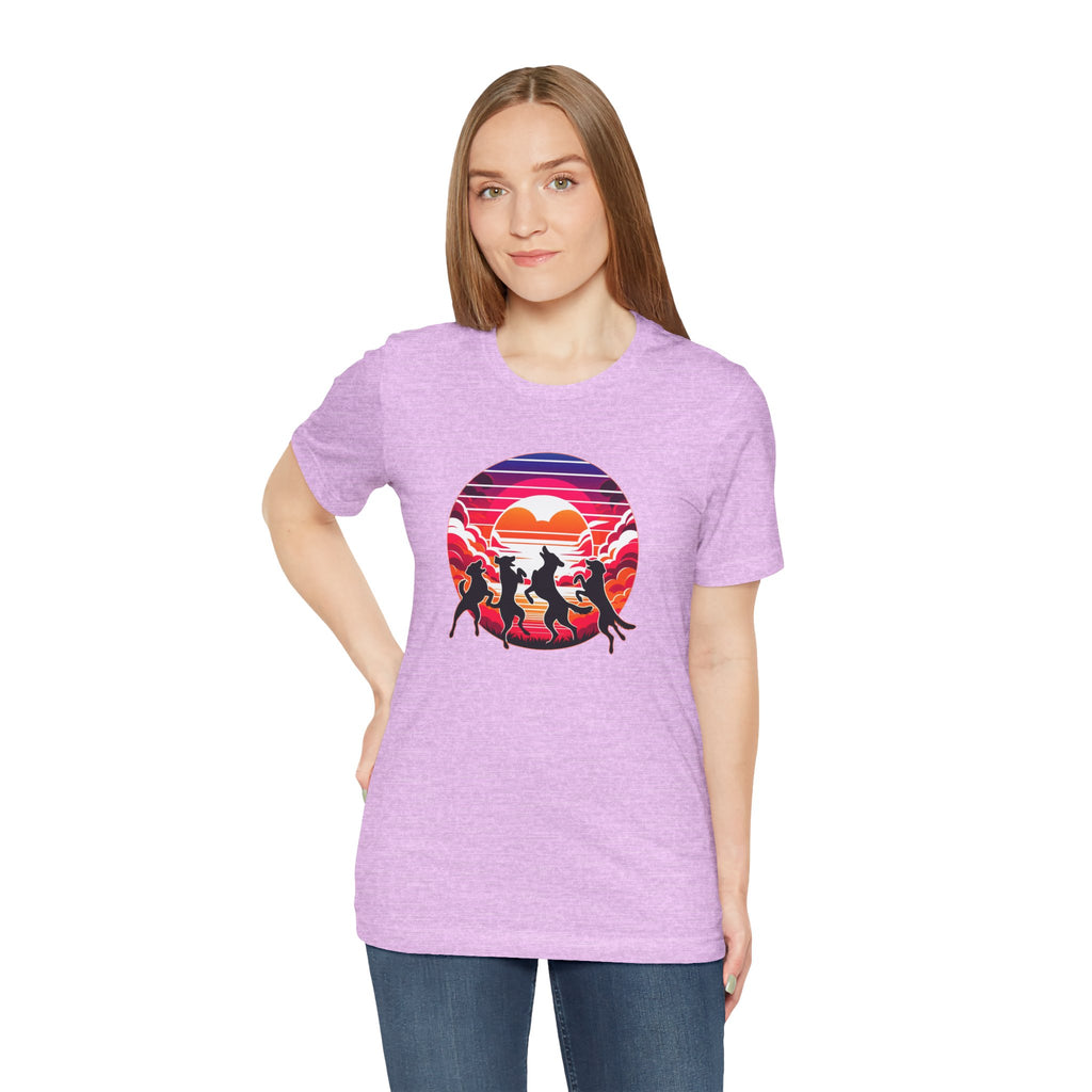 Retro Sunset Dancing Dogs T-Shirt — Vintage Rainbow Skyline Graphic Tee