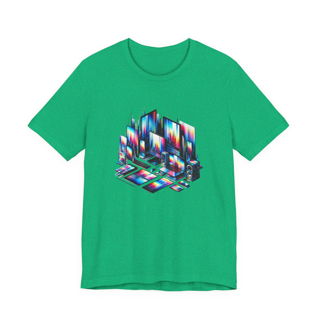 Retro Glitch City T-Shirt — Neon Vaporwave Pixel Tech Devices Tee