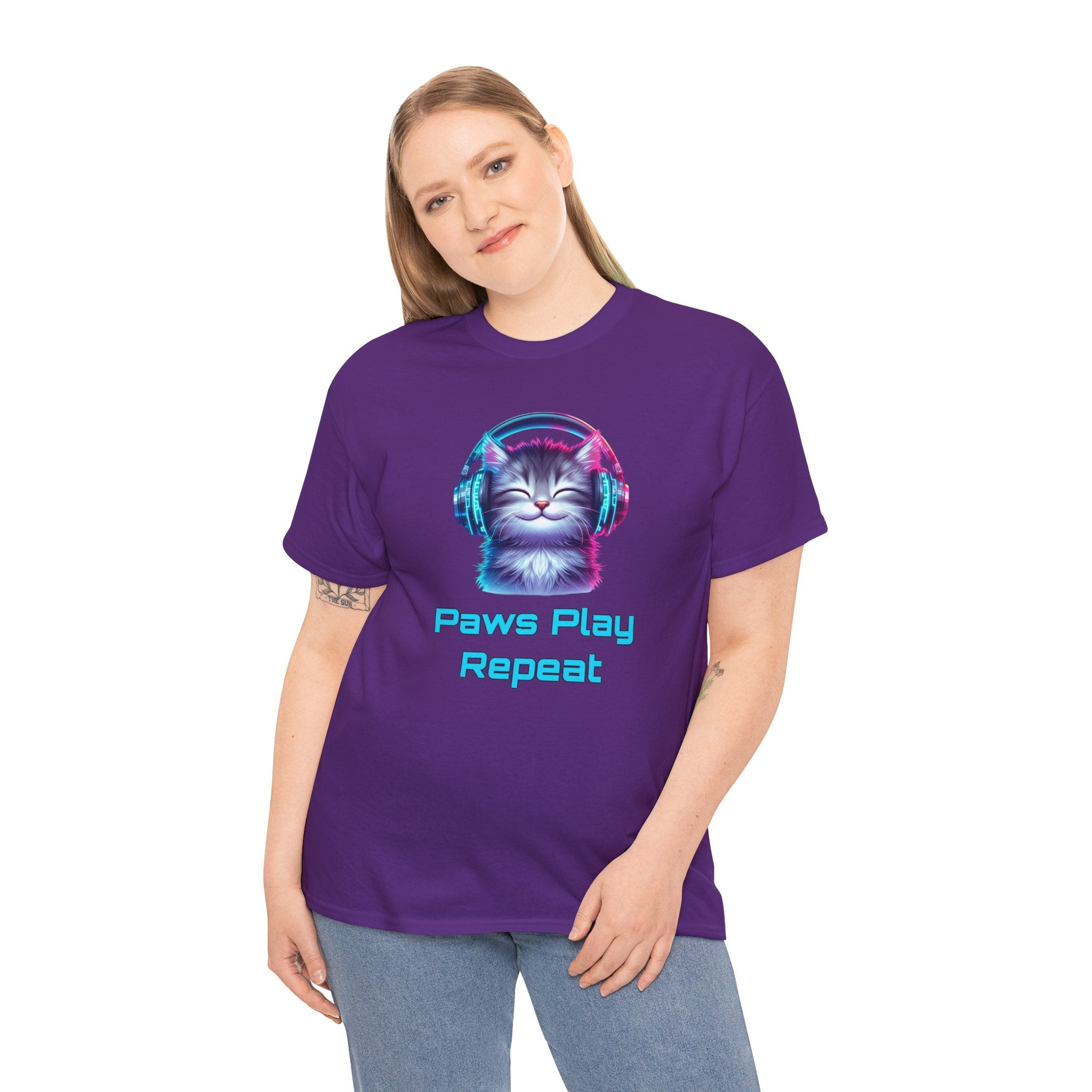 Cat Headphones T-Shirt - "Paws Play Repeat" Cute Music Cat Tee