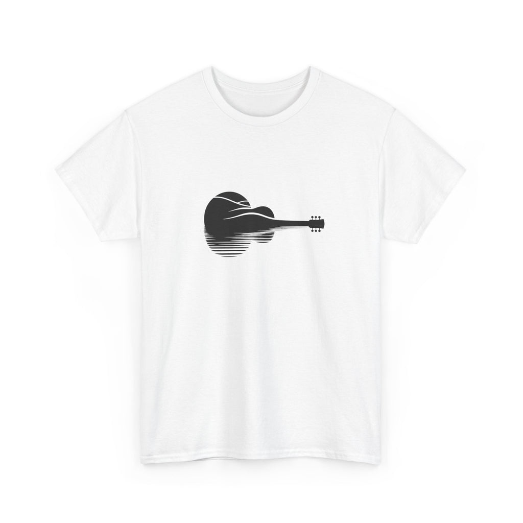 Minimalist black silhouette of an acoustic guitar on a dark background, symbolizing love for music in a modern, moody design.
