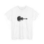 Minimalist black silhouette of an acoustic guitar on a dark background, symbolizing love for music in a modern, moody design.