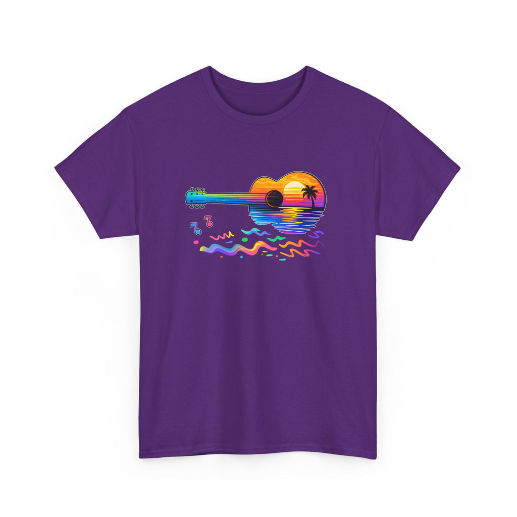 a colorful guitar with beach, palm tree, sunset water reflection graphic