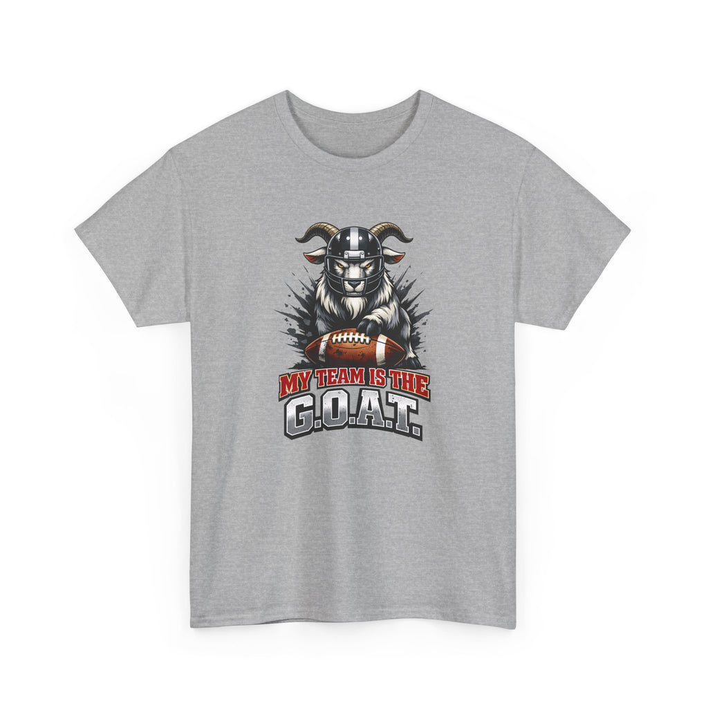 Gray t-shirt with a graphic of a goat holding a football and text 'My Team is the GOAT' on a white background.