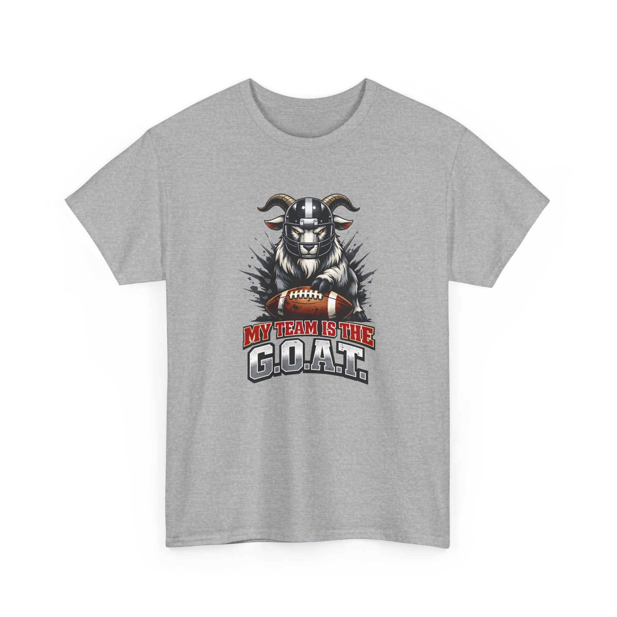 Gray t-shirt with a graphic of a goat holding a football and text 'My Team is the GOAT' on a white background.