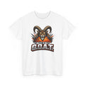White t-shirt with a graphic of a goat and basketball with text 'My Team is the G.O.A.T.' on a white background