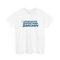 White t-shirt with 'Fueled by Sweat and Sarcasm' text on a white background