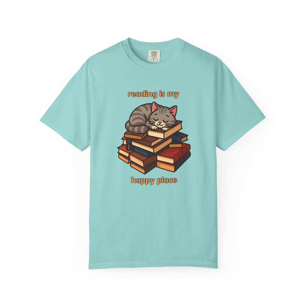 Reading Is My Happy Place T-Shirt — Cute Cat on Books Graphic Tee