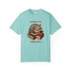 Reading Is My Happy Place T-Shirt — Cute Cat on Books Graphic Tee