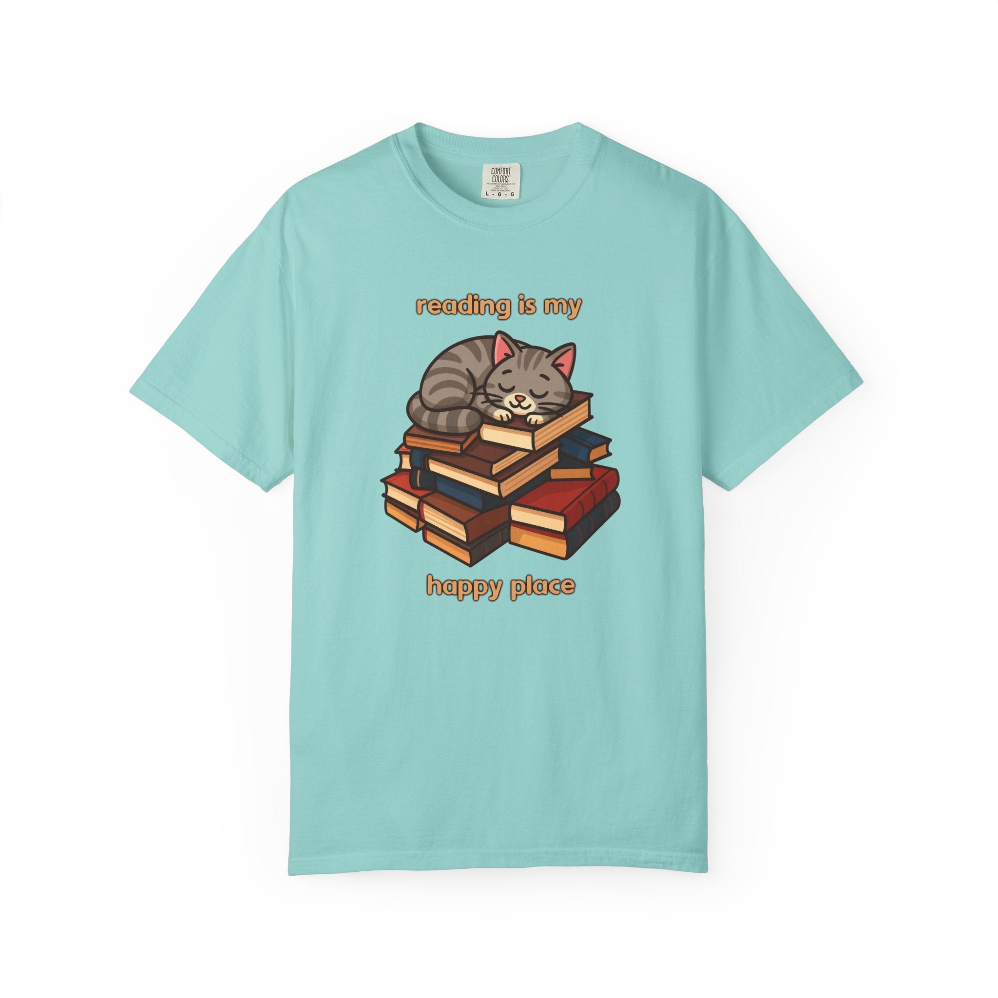 Reading Is My Happy Place T-Shirt — Cute Cat on Books Graphic Tee
