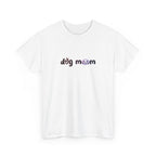 'dog mom' text in black with subtle rainbow outline