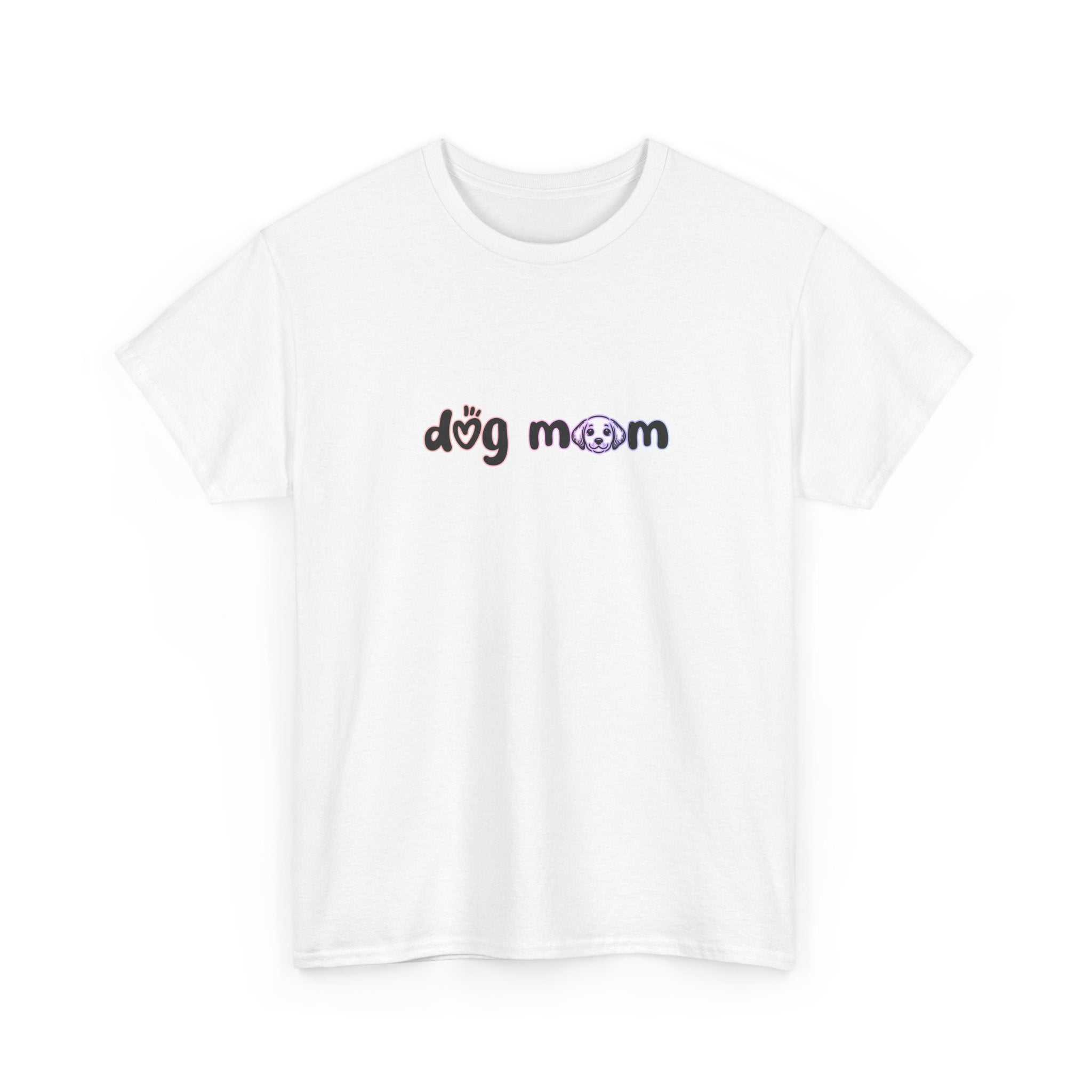 'dog mom' text in black with subtle rainbow outline
