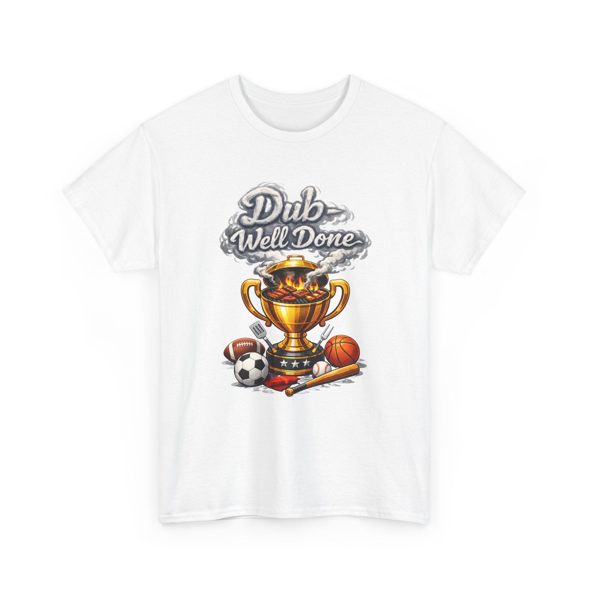 White t-shirt with sports-themed graphic and 'Dub Well Done' text on a white background