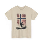 Norway Flag Hiking T‑Shirt – Hiker Silhouette on Rustic Norwegian Flag