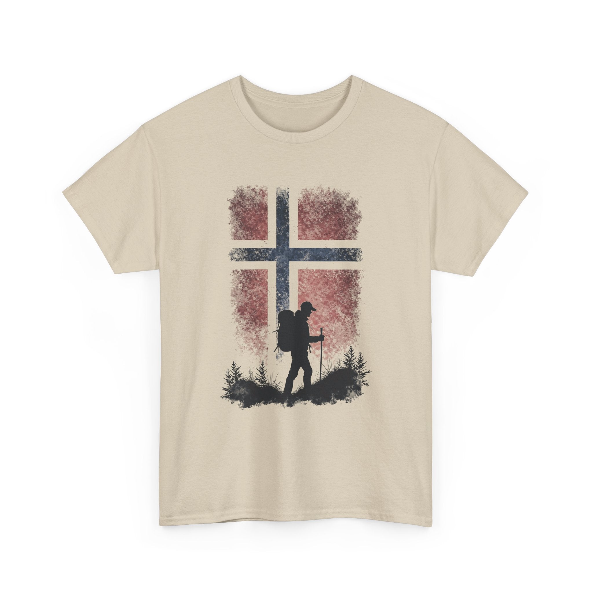 Norway Flag Hiking T‑Shirt – Hiker Silhouette on Rustic Norwegian Flag