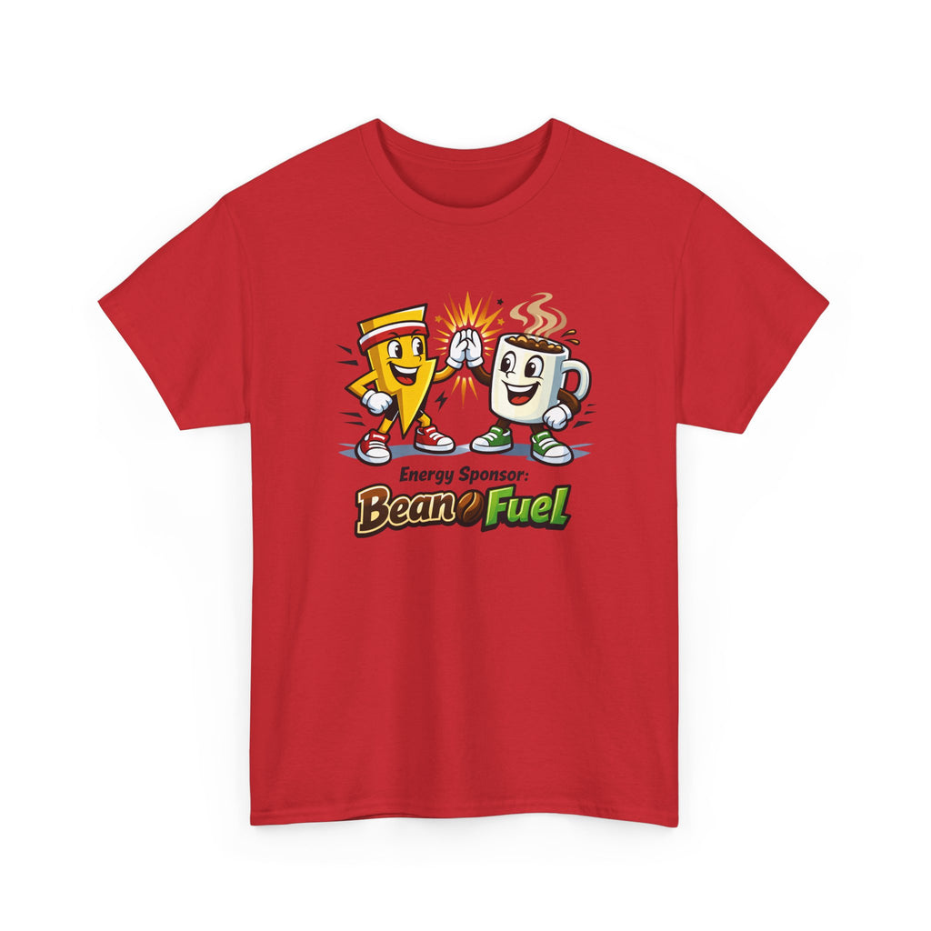 Athletic Energy T-Shirt — 'Energy Sponsor Bean Fuel' Coffee & LIghtning Cartoon Graphic Tee