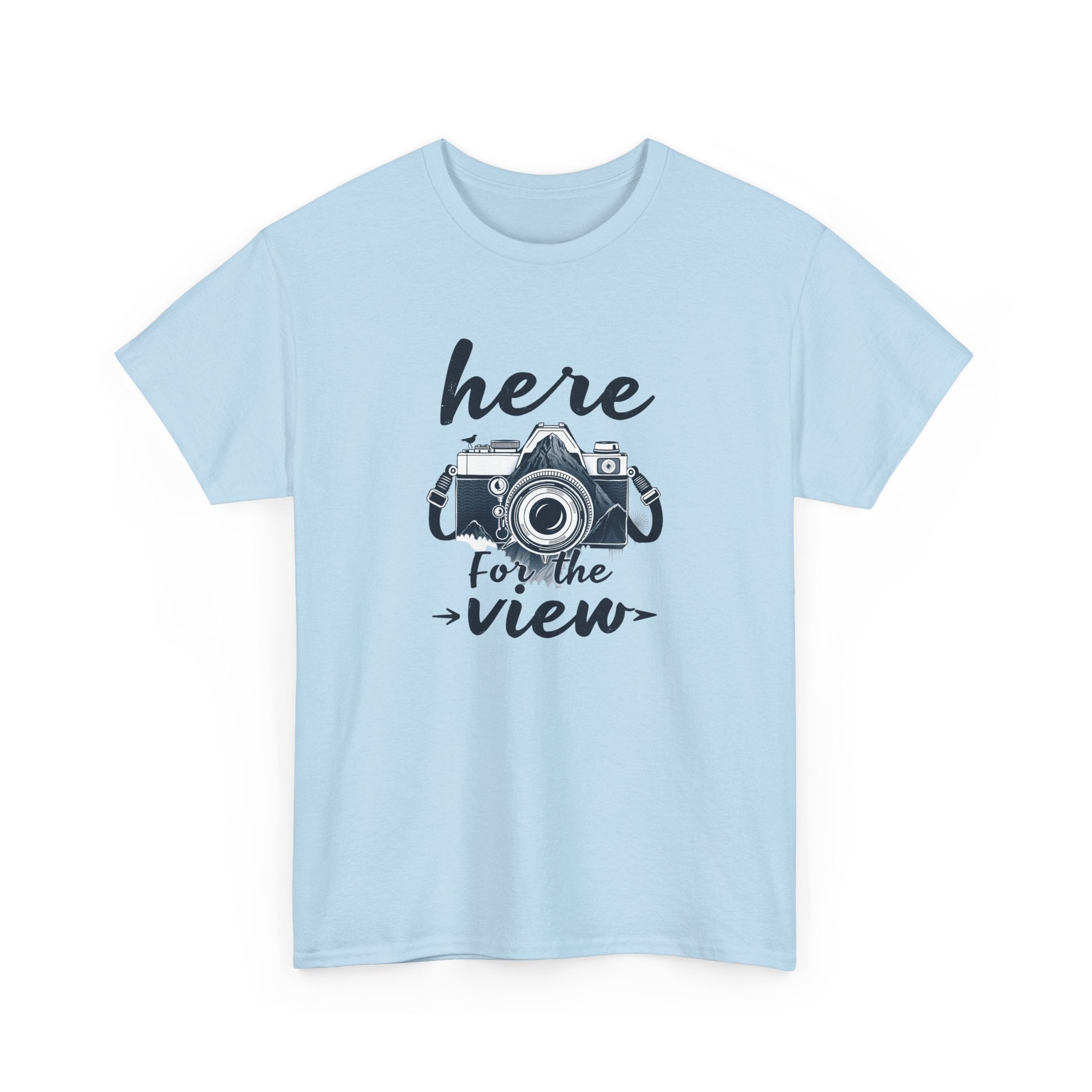 Hiking Tee — "Here for the View" Camera  And Mountain Graphic Shirt
