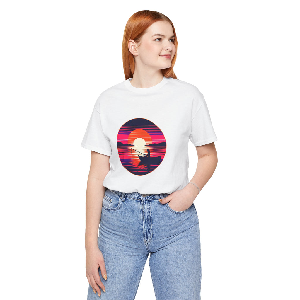 Sunset Fishing T‑Shirt — Retro Ocean Silhouette Tee Woman Fishing