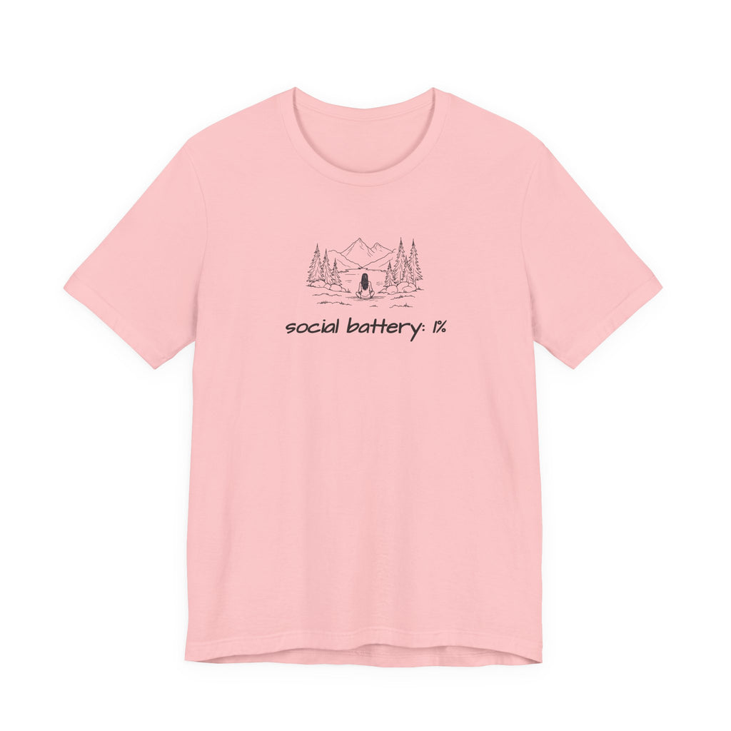 Social Battery Low T-Shirt — Minimal Camping Nature Graphic Introvert Tee